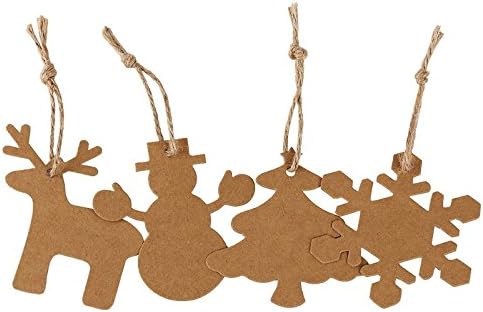 KnR Harmony Paper Craft Tags 100pcs 4 in 1 Tags with Jute Twine 20m Tree Snowflake Deer Snowman for Wedding Birthday DIY Decorations