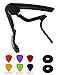 YMC Single-handed Guitar Capo Quick Change for Electric or Acoustic 6-String Guitar with 6 Picks,Guitar Strap Lock- Black