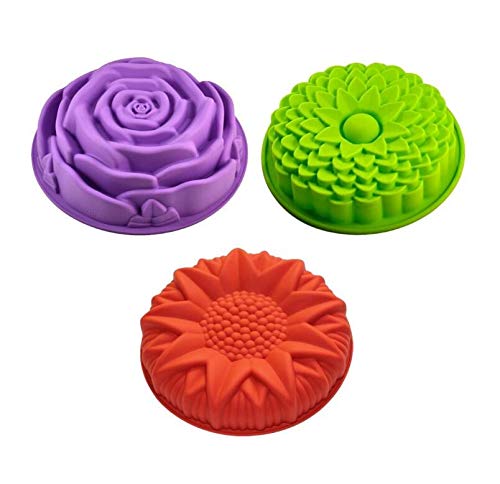 Efivs Arts 3 Pack Non-Stick Flower Shape Silicone Cake Pans Bread Pie Flan Tart Jello Molds for Birthday Party - Thumbnail 4
