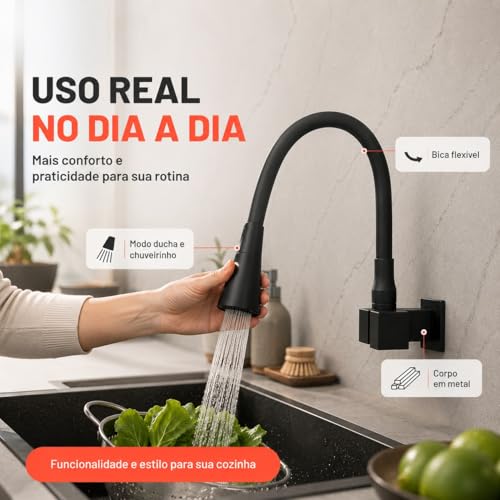 Torneira Gourmet de Parede Preta Fosca Flexível 1/4 Volta em Aço Inoxidável, Bica Móvel, Estilo Moderno para Cozinha, Alta Durabilidade e Acabamento Premium