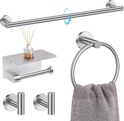Bathroom Towel Bar Holder Sets, 5 Piece, Brushed Nickel Bathroom Hardware Set, Stainless Steel Toilet Paper Holder with Shelf Bathroom Accessories Kit Wall Mounted (Silver)