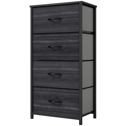 YITAHOME 4 Drawer Fabric Chest of Drawers Bedroom Storage Cabinet, Metal Frame, for Bedroom, Living Room, Black Wood Grain