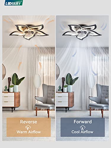 LEDIARY Flower Ceiling Fans with Lights, Small 27 Inch Modern Low Profile Ceiling Fan, Dimmable LED Ceiling Light Fixture, Flush Mount Ceiling Fans with Remote for Bedroom, Kitchen, Indoor-Black