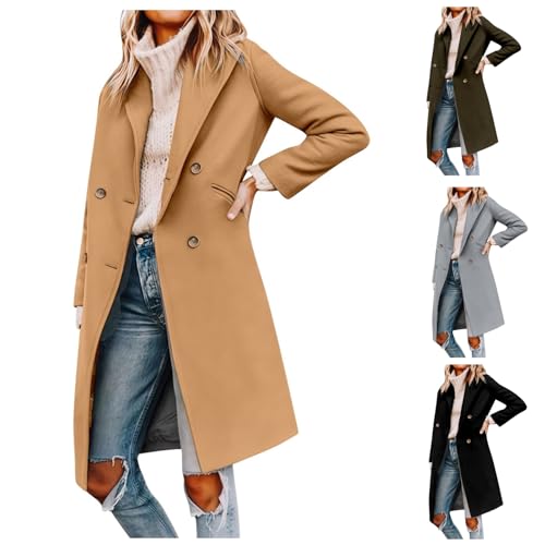 Trench Coats for Women, Elegant Long Overcoat for Autumn Winter,Ladies Classic Double Breasted Notched Lapel Casual Office Work Jacket Outerwear with Pockets