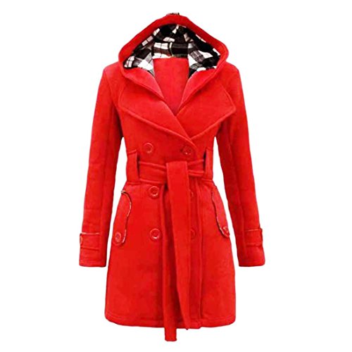 MALLOOM Womens Check Hood Coat Double Breasted Long Military Belted Jacket (XXL(US 10), Red)