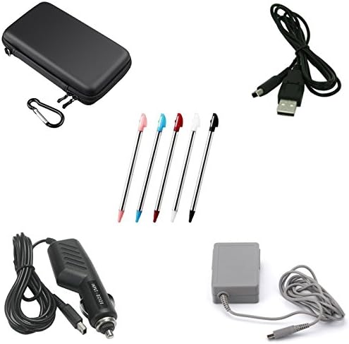 Akiimy 5 in 1 Replacement Ac Adapter for 3DS 3DS XL+5-Pack Retractable Stylus pen For 3DS XL+Travel protective bag case for 3DS XL+ Car charger for 3ds 3ds xl +Usb Charger cable for 3DS 3DS XL