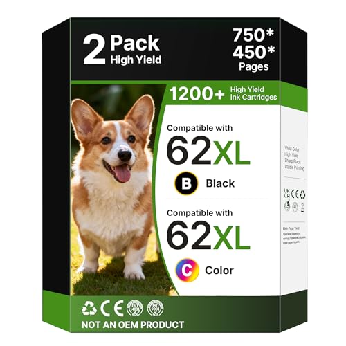 62 XL 62XL Ink Cartridges Black and Colour Replacement for HP 62 62XL Ink Cartridges Twin Pack for HP ENVY 5540 5546 5544 5644 5640 5646 5541 5542 5543 5545 OfficeJet 200 250 5740 5742 5744 (2-Pack)