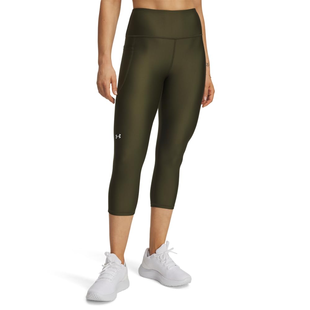 Under Armour Women's HeatGear Armour High No-Slip Waistband Pocketed Capri, (308) Expedition Green / / White, XX-Large Short Image
