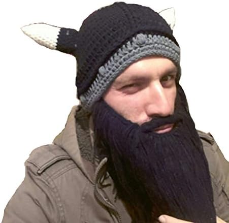 Maibar Knitted Hat Handmade Viking Style Warm Cap Halloween Funny Cap False Beard Party Decoration (Black)