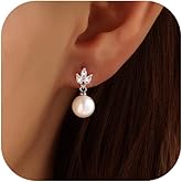 Pearl Earrings for Women, 14k Gold Plated Trendy Diamond Pearl Drop Earrings Bridal Shower Gifts Wedding jewelry for Women
