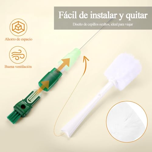 WINCHEERS Kit de 5 Cepillos Limpiabotellas 5 en 1 - Cepillo para Botellas con Mango Largo - Incluye 3 Cepillos para Pajillas, Cepillo para Tetinas Extraíble y Cepillo Detallador para Ranuras de Tapas