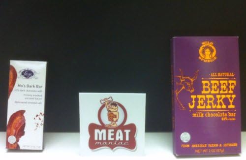 MEAT MANIAC Chocolate Bacon Combo Gift Pack with Sticker- Vosges Mo's Mini Dark Choclate Bacon Bar (.5oz) &amp; Wild Ophelia All Natural Beef Jerky Milk Chocolate Bar (2oz)