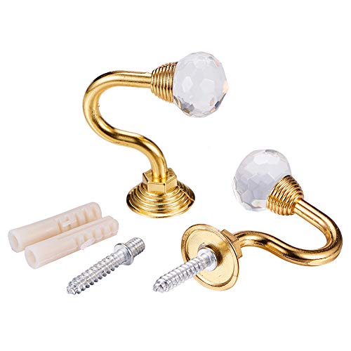 INCREWAY 1 Pair Clear Crystal Curtain Holdbacks, Wall Mounted Tassel Curtain Tieback Hook Multi Use Wall Hook Coat Hanger with Screws, Gold