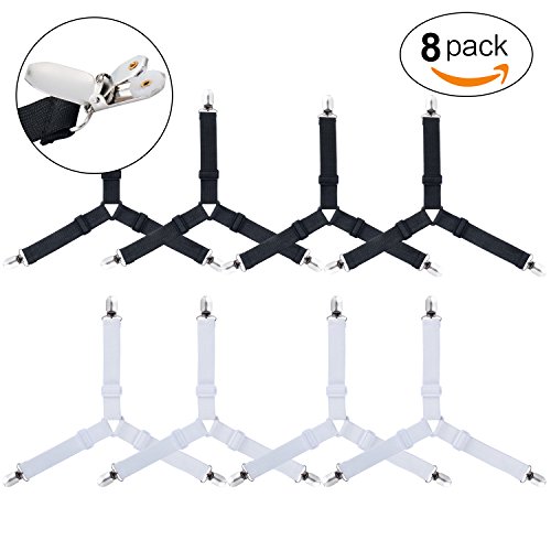 Bed Sheet Fasteners, 8 Pack Adjustable Triangle Heavy Duty Elastic Sheet Band Straps Suspenders Corner Gripper Holder Clip for Fitted Bed Sheets, Mattress Pad Covers, Sofa Cushion - Black and White