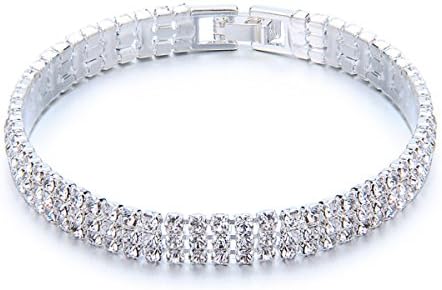 YUXI Rhinestone Stretch Bracelet Silver Tone Bangle Austrian Crystal Bracelets for Wedding, Prom, Party or Pageant Jewelry (3 Rows)