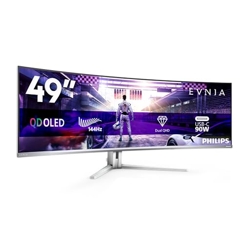 Philips 49M2C8900LA 48.9 zoll Curved, DQHD USB Hub Monitor, 144Hz, QD-OLED Panel, 0.03ms GtG, Adaptive Sync, HDR400 TrueBlack, FreeSync Premium Pro, Lautsprecher,(5120x1440 HDMI 2x 2.0 DP 1x 1,4)Grau