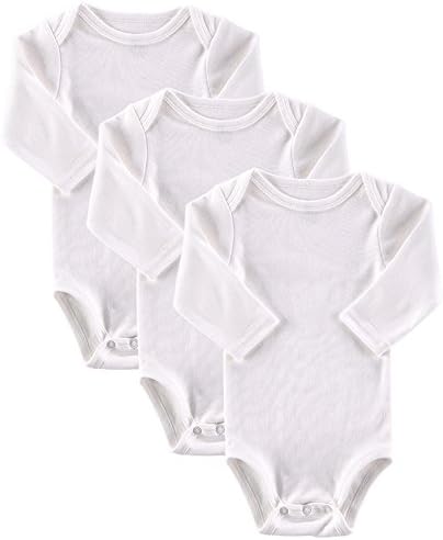 Long Sleeve Onesie Bodysuit For Infant Baby Boy Girl, 3 Pack Pure White Cotton Onesies Bodysuits