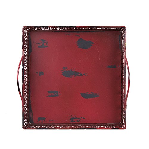 Vintage Antique Design Decorative Metal Rectangle Serving Tray With 2 Handles (Burgundy-Small)