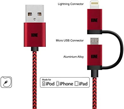 IONE 2-in-1 Android MicroUSB/Apple ISO Lightning 8 Pin with USB/MicroUSB OTG Braided Charging Data Cable Turn Your Phone into Power Bank for Apple IOS &amp; Android Device, Red/Black