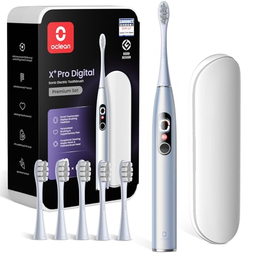 Oclean X Series Pro Digital Travel Set, Sonic Electric Toothbrush Adults w Smart Screen,8 Areas Tracking, One-Click Supplementary Brushing, 3 Modes, 6 Replacement Heads & Travel Case - Pearl Grey
