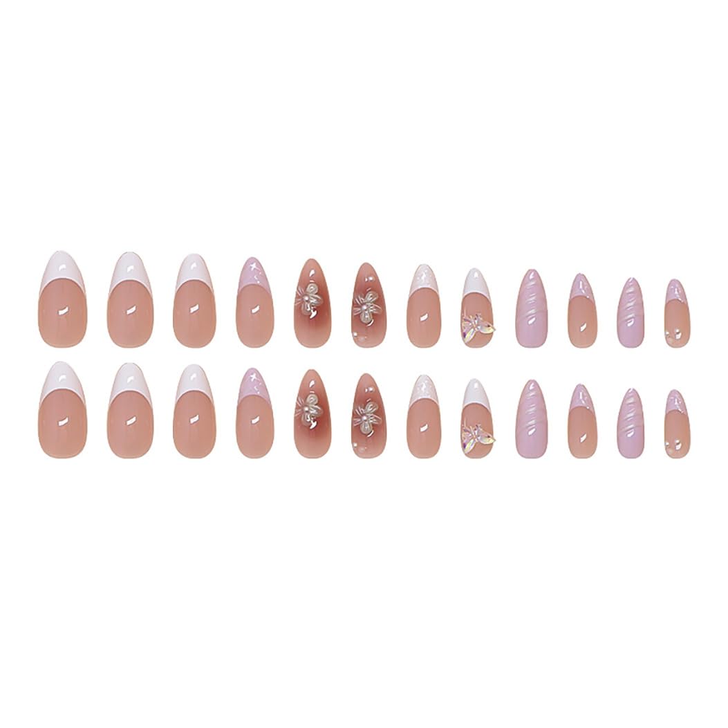 RikView White Press On Nails - Medium French Tips with 3D Design, Almond Shape, Glossy Full Cover - 24 PCs/Set - Image 3