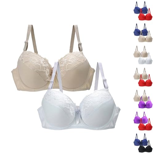 2PC Plus Size Bras for Women UK Soft Seamless Wireless Bra Sexy Lace Push Up Bras Comfortable Non Wired High Support Underwear Skin-Friendly Full Coverage Bralettes Adjustable Thin Straps