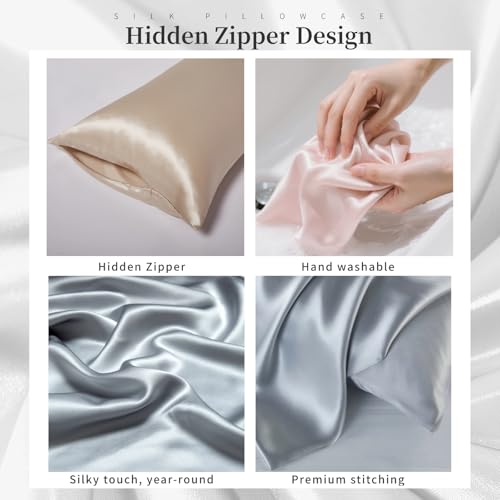 100% Double-Sided Silk Pillowcase, 22 Momme, 6A, Washable, Hidden Zipper, Prevents Hair Frizz, Antibacterial and Anti-Static, Suitable for Sensitive Skin (White, 1PC 51x66cm（20" × 26"）)