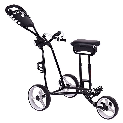 Tangkula Golf Push Pull Cart w/ 3 Wheels Golf Trolley with Stool Scoreboard Swivel