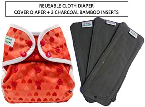 Green Diapers Reusable Diaper Cover with 3 Charcoal Bamboo Inserts (Kaadhal)