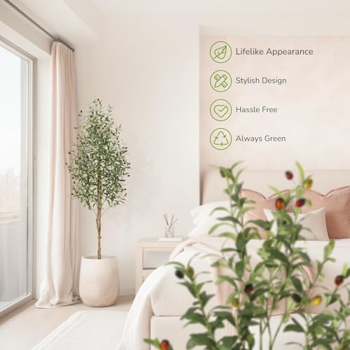Garvee 180cm Artificial Olive Tree, Faux Plant with Natural Wood Trunks, 1152 UV-Resistant Silk Leaves, White Ceramic Pot with Weighted Base, Farmhouse Floor Decor for Living Room, Entryway, Office