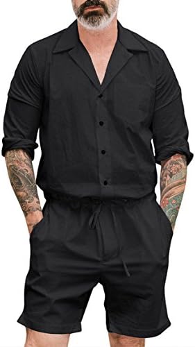 sushine shop Men One Piece Jumpsuit, Long Sleeve Rompers Drawstring Shorts Jumpsuit with Pocket