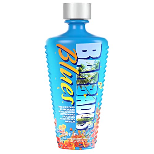 Tanovations Barbados Blues Tanning Lotion - Caribbean Color Creator Skin Quenching Island Cherry, Blissful Banana & Moisturizing Mango Coastal Extracts Blue Hued for a Beach Bronzed Glow - 11 oz.