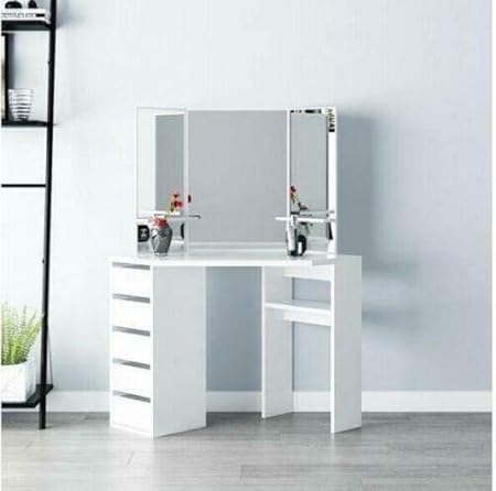 Modern Corner Dressing Table Makeup Desk W 5 Drawers 3 Large
