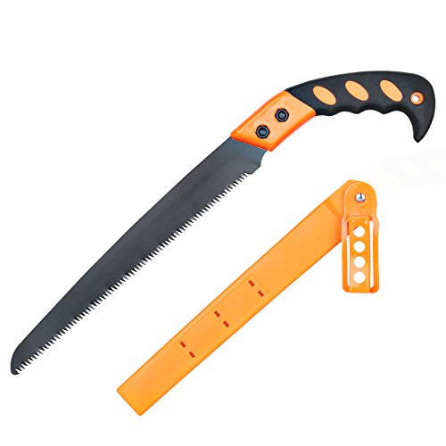 Pruning Saw with Sheath, VECOO Heavy Duty Gardening Saw 15.7 Inch Curved Blade Hand Saw Comfort Handle with Saw Blade Enclosure - Perfect for Trimming Trees,Plants,Shrubs,and More - Yellow Handle