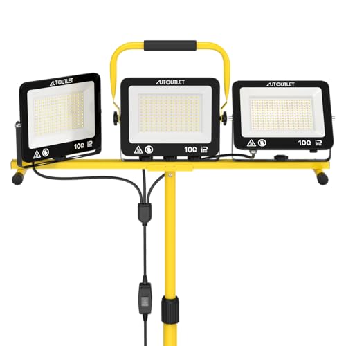 AUTOUTLET Construction Site Spotlight with Extendable Tripod, 3 x 100 W 27000 LM Rechargeable LED Headlight with 3 Colour Temperatures and 5 m Power Cable, IP66 Waterproof, for Garage Workshop and Outdoor