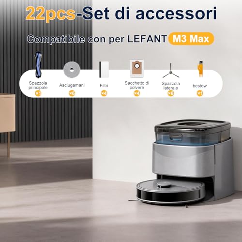 Accessories for LEFANT M3 Max Vacuum Cleaner, 1 Main Brush, 4 Filters, 4 Dust Bags, 6 Napkins, 6 Side Brushes, M3 Max Spare Parts 22 Pieces
