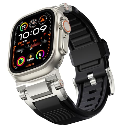 Bandletic R-Steel Strap Compatible with Apple Watch Ultra 2/Ultra 49mm, Series 9/8/7 45mm, Series SE2/6/SE/5/4 44mm, Robust FKM Replacement Bracelet with Elegant Design Metal Connector, Black