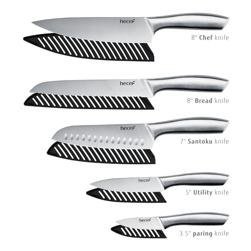 hecef Professional Kitchen Knives Set, All Stainless Steel Silver, Chef's Knife, 5 Pieces Kitchen Knife and 5 Pieces Knife Liners