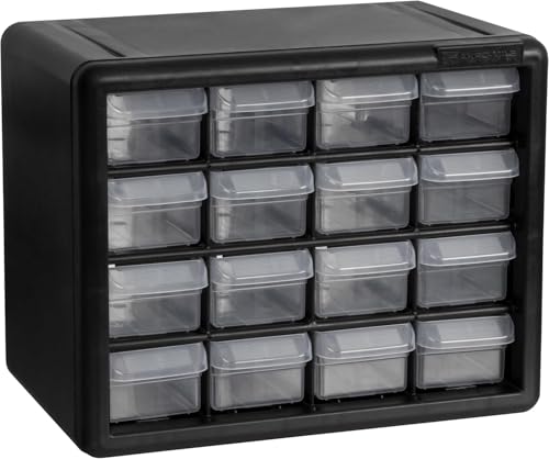 Akro-Mils 10116 Kunststoff-Schubladenschrank mit 16 Schubladen, für Garage, Lego-Aufbewahrung, Lehrer-Werkzeugkasten, Make-up-Organizer und mehr, 26,7 cm B x 17,5 cm T x 21,6 cm H, Schwarz