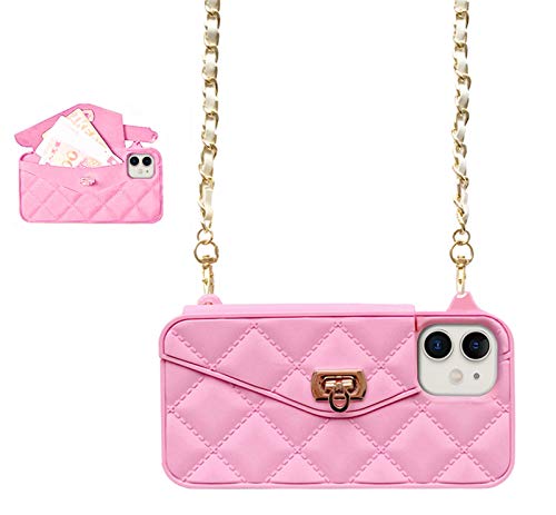 UnnFiko Wallet Case Compatible with iPhone 13 Mini, Cute Light Luxury Bag Design, Purse Flip Card Pouch Cover Soft Silicone Case with Handstrap Long Shoulder Strap (Pink, iPhone 13 Mini)