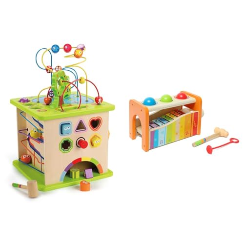 Hape Country Critters Wooden Activity Play Cube Pound & Tap Bench with Slide Out Xylophone - Award Winning Durable Wooden Musical Pounding Toy Multifunctional and Bright Colours, Yellow