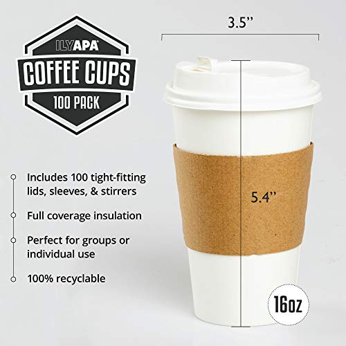 image for Ilyapa 100 Pack - 16 oz To Go Coffee Cups with Sleeves, Lids & Stirrer