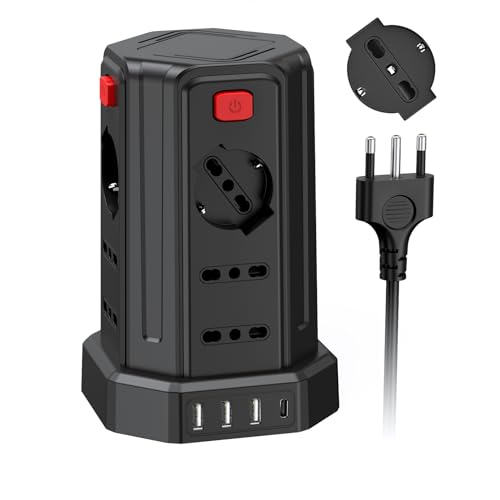 Power Strip 3 m with 12 Universal Sockets 10/16A ITA and Schuko and 3 USB A+1 USB C Overvoltage Protection with 4 Independent Switches, Black