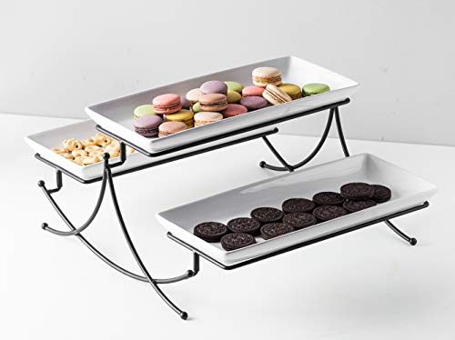 3 Tier Serving Stand Collapsible Tiered Serving Stand with 3 Porcelian Seving Platter for Food Display Cake Dessert Buffet Server 14-inch