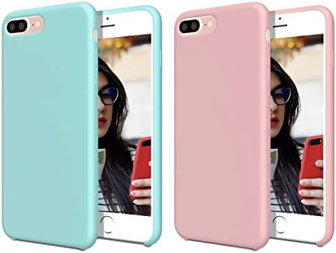 2 Pack of Apple iPhone 7/8 Plus Cases with Tempered Glass Screen Protector, AQT Mint Turquoise &amp; Pink Protective Slim Design Silicone Liquid Rubber cases Non Slip Grip Drop Protection Durable (5.5")