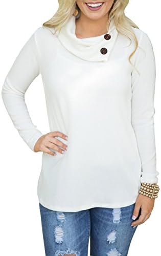 Oeyal Women's Casual Long Sleeve Button Embellished Side Split Cowl Neck Sweater, White, Medium