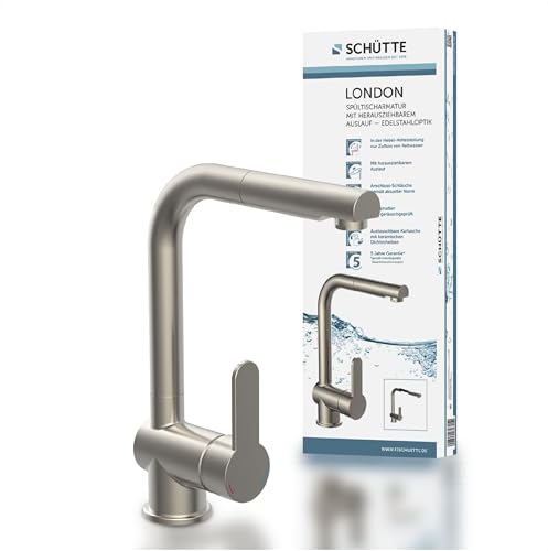 SCHUETTE London Kitchen Tap with Extendable Dish Rinser 360 Degree Swivel Kitchen Mixer Tap with Single Lever Mixer Tap, Stainless Steel Look, Stainless Steel, 29.8 cm