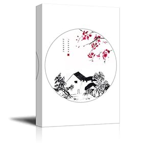 Canvas Wall Art - Traditional Chinese Style Black and White Painting with Cherry Blossom and House in Spring - Giclee Print Gallery Wrap Modern Home Art Ready to Hang - 12x18 inches