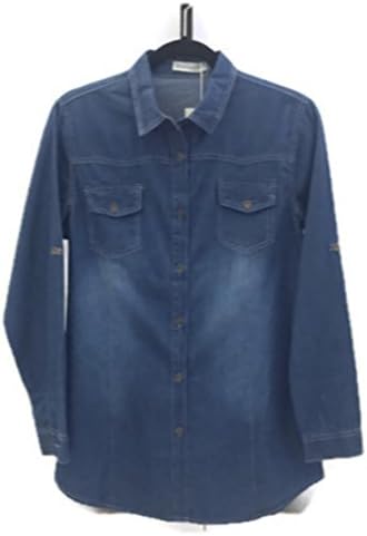 Runway Blue Women Denim Button Down Long Sleevs Top Blouse Shirt (S)