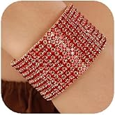 YERTTER Wedding Gold Color 10-Row Red Crystal Rhinestone Open Cuff Bangle Bridals Crystal Stunning Bracelet Strand Bracelet Gift for Women Brides (Style B-Red)